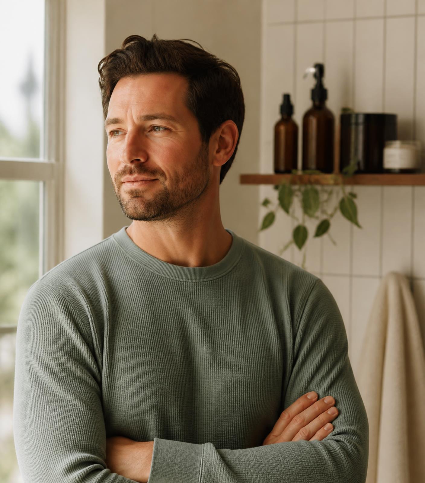 Man at home in soft morning light beside his daily routine shelf